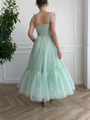 Green Sweetheart Neck Tulle Tea Length Prom Dress Green Bridesmaid Dress