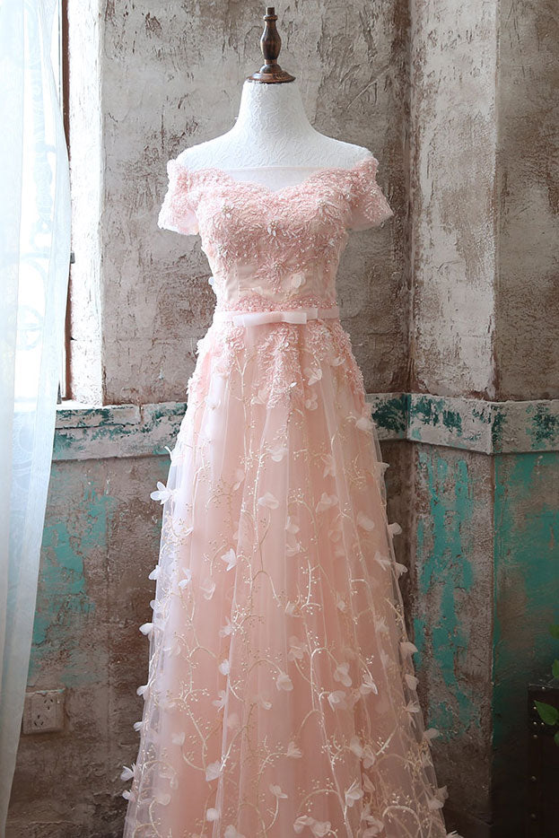 Pink Lace Tulle Long Prom Dress Pink Evening Dress