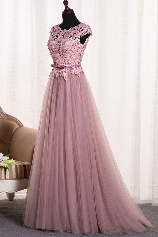 Pink Round Neck Tulle Lace Appliqu¨¦ Long Prom Dress Tulle Evening Dress