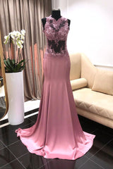 Pink Satin Lace Appliqu¨¦ Long Prom Dress Lace Pink Evening Dress