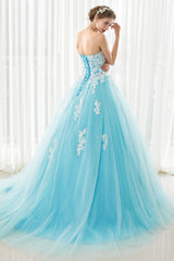 Blue Tulle Lace Appliqu¨¦ Long Prom Dress Blue Evening Dress