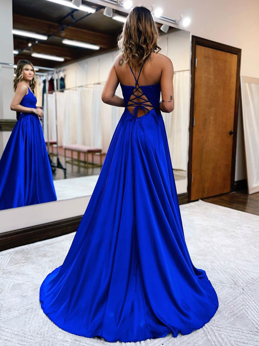 Blue Satin V-Neck Lace Long Prom Dress Blue Evening Gown