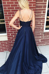 Dark Blue V-Neck Satin Long Prom Dress Blue Evening Gown