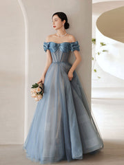 Blue Off-Shoulder Satin Long Prom Dress Blue Satin Bridesmaid Dress