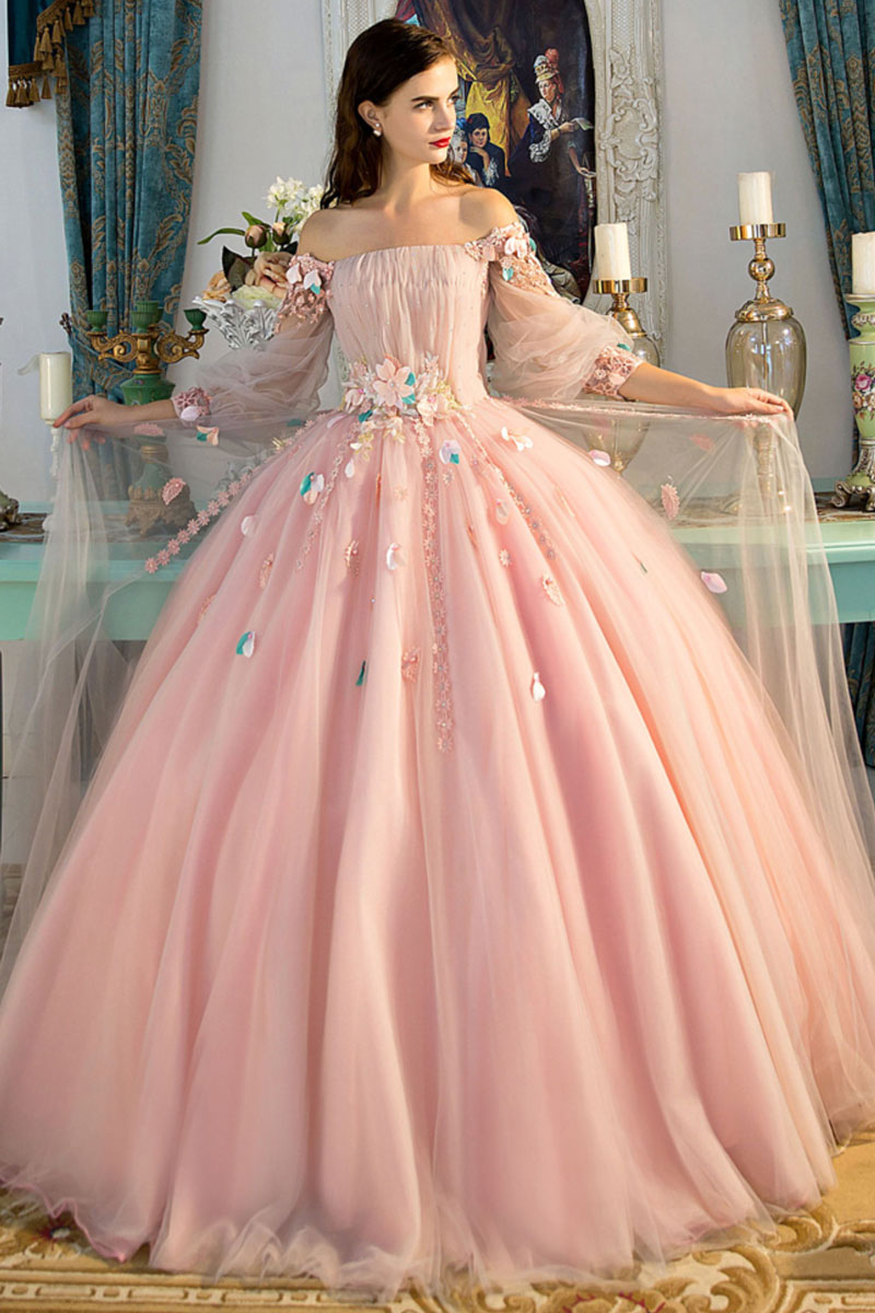 Pink Off-Shoulder Tulle Long Prom Dress Sweet 16 Dress