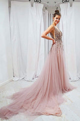 Pink V-Neck Sequin Beaded Long Prom Dress Pink Evening Dress