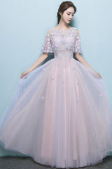 Pink Tulle Lace Long Prom Dress Tulle Appliqu¨¦ Formal Gown