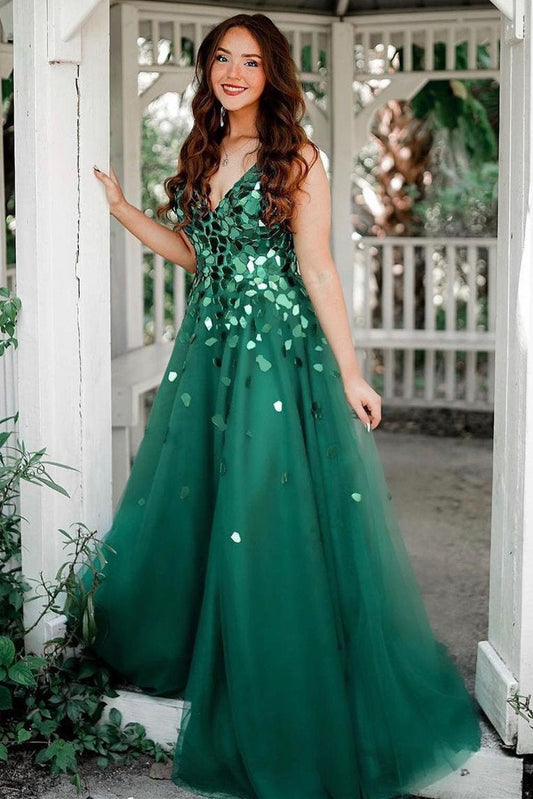 Shelly Dressystars  A-Line Green Sexy V-Neck Sequin Material  Long Prom Dress