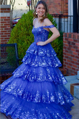 Dressystars  Tulle Material Sequin Off-the-shoulder Ruffle Tiered Long Prom Dress