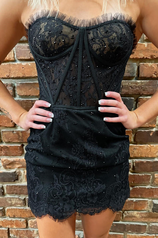 Dressystars  Glamorous Black Strapless Eyelash Lace Short Dress