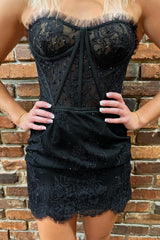 Dressystars  Glamorous Black Strapless Eyelash Lace Short Dress