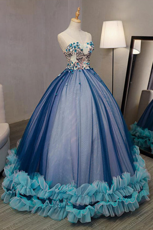 Unique V-Neck Tulle Long Prom Gown Sweet 16 Dress