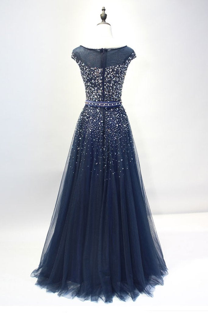 Dark Blue Round Neck Sequin Tulle Long Prom Dress Tulle Evening Dress