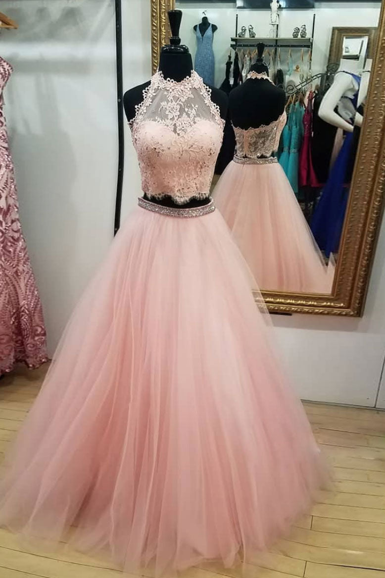 Pink Tulle Two-Piece Lace Long Prom Dress Pink Tulle Evening Gown