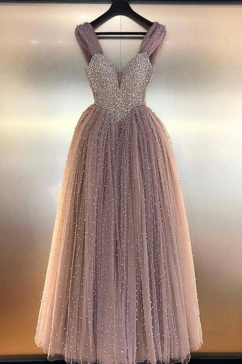 Unique Sweetheart Tulle Beaded Long Prom Dress Tulle Evening Dress