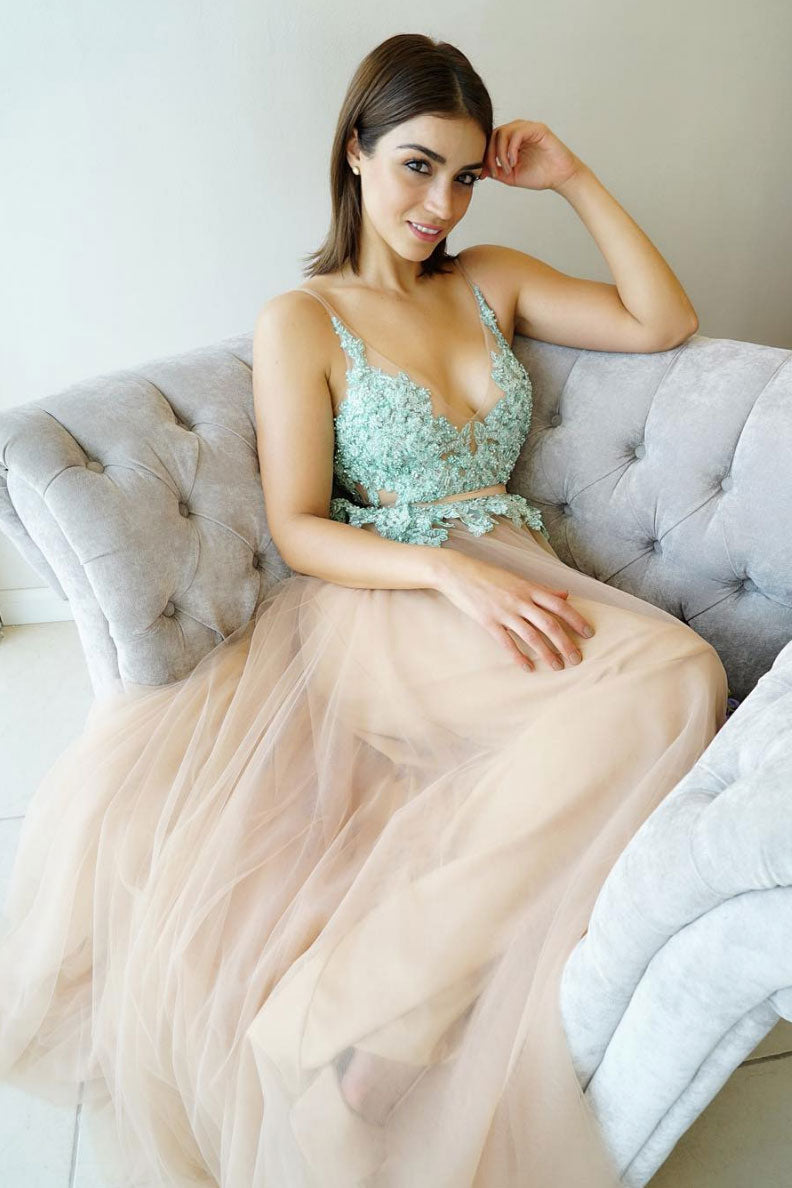 Unique V-Neck Tulle Lace Long Prom Dress Champagne Evening Dress