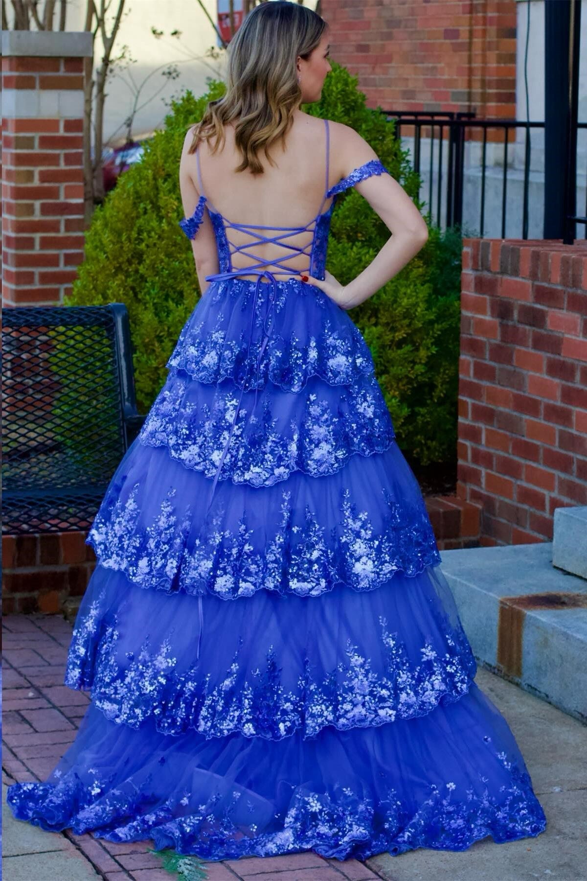 Dressystars  Tulle Material Sequin Off-the-shoulder Ruffle Tiered Long Prom Dress