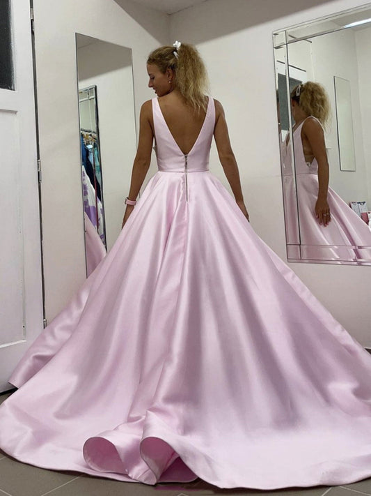 Pink V-Neck Satin Lace Long Prom Dress Pink Lace Evening Dress