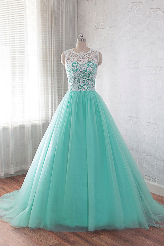 Green Round Neck Tulle Lace Long Prom Dress Wedding Dress