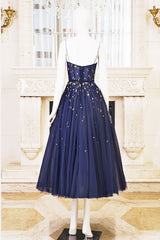 Dark Blue Tulle Tea-Length Short Prom Dress Blue Homecoming Dress