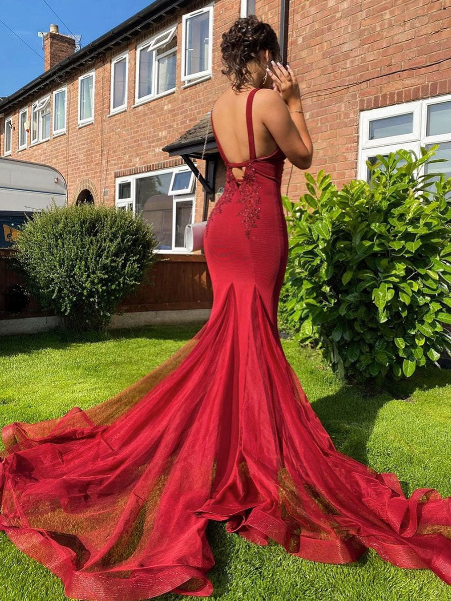 Burgundy V-Neck Lace Mermaid Long Prom Dress Burgundy Evening Dress