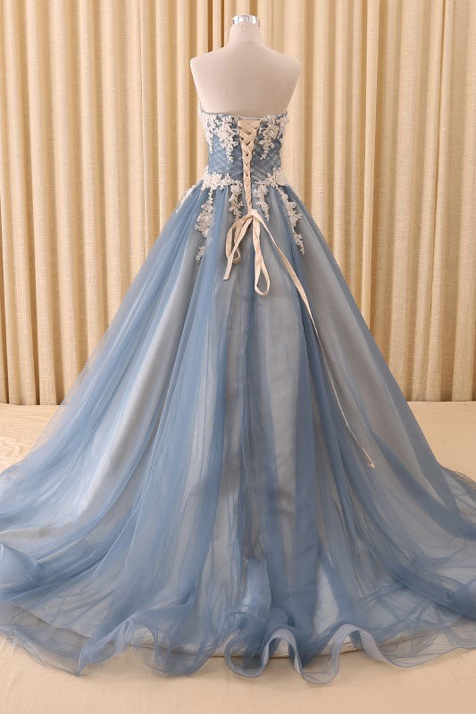 Blue Sweetheart Neck Lace Tulle Long Prom Dress Blue Tulle Evening Dress