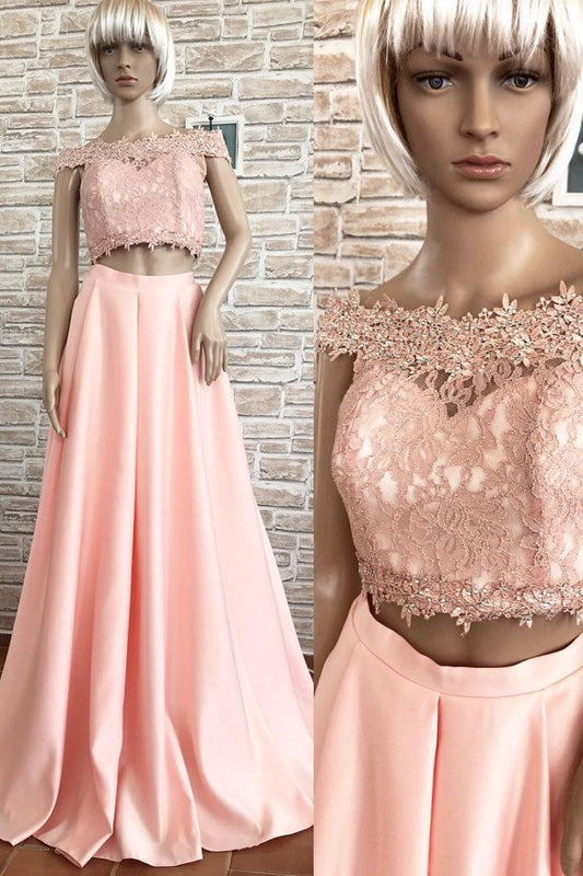 Pink Off-Shoulder Lace Two-Piece Long Prom Dress Lace Evening Dress