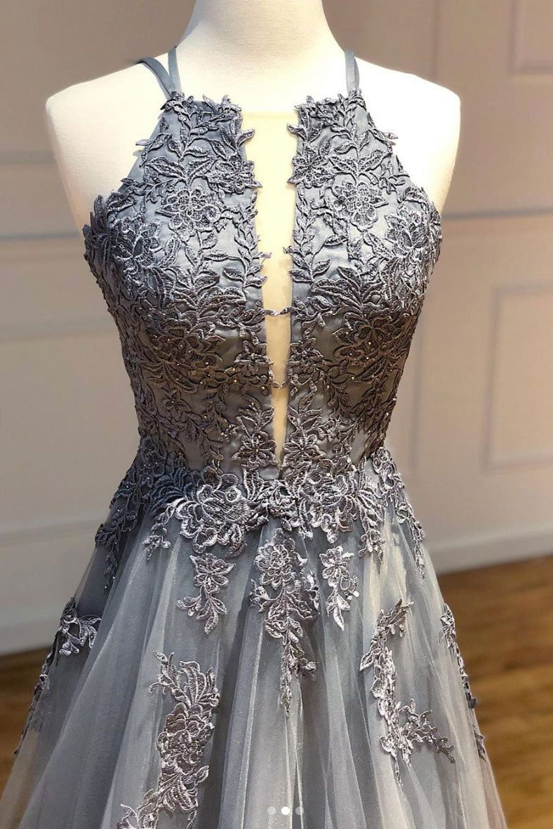 Gray Tulle Lace Long Prom Dress Gray Tulle Evening Gown