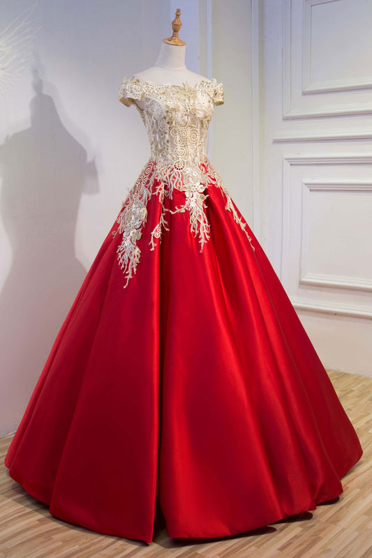 Red Lace Satin Long Prom Dress Lace Long Evening Gown