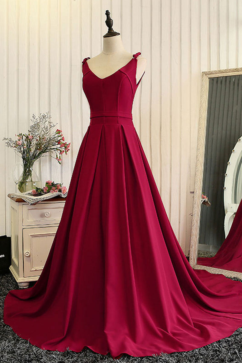 Red V-Neck Satin Long Prom Dress Red Evening Dress