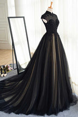 Black Tulle Lace Long Prom Dress Black Tulle Evening Dress