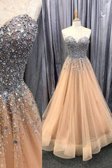 Champagne Sweetheart Neck Tulle Beaded Long Prom Dress Evening Gown