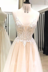 Light Champagne Sweetheart Neck Tulle Lace Long Prom Dress Tulle Lace Formal Gown