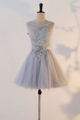 Cute Gray Round Neck Tulle Lace Short Prom Dress Gray Homecoming Dress