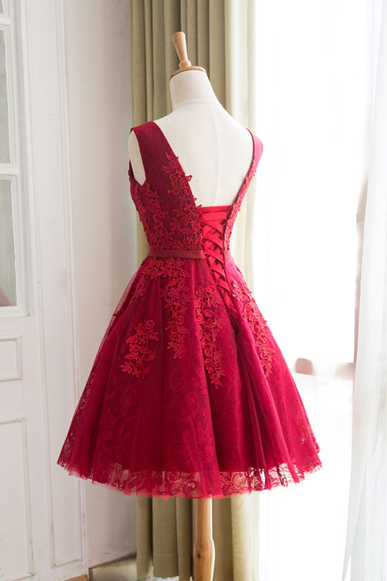 Burgundy Lace Tulle Short Prom Dress Burgundy Homecoming Dress