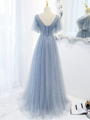 Blue V-Neck Tulle Beaded Long Prom Dress Blue Tulle Formal Dress