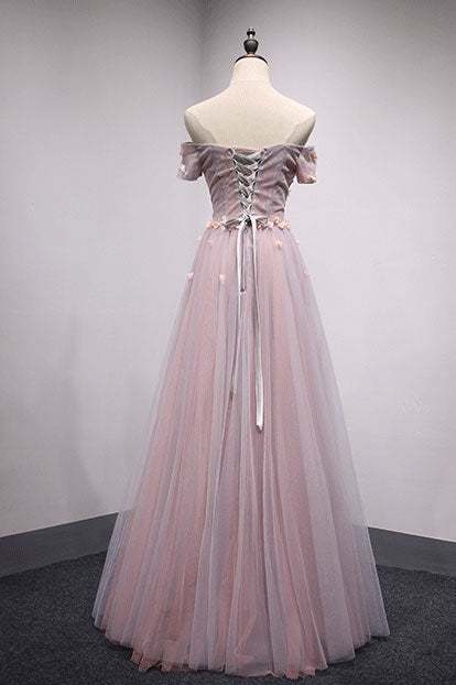 Pink Tulle Lace Long Prom Dress Pink Tulle Evening Dress