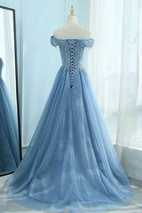 Blue Off-Shoulder Tulle Lace Long Prom Dress Blue Evening Dress