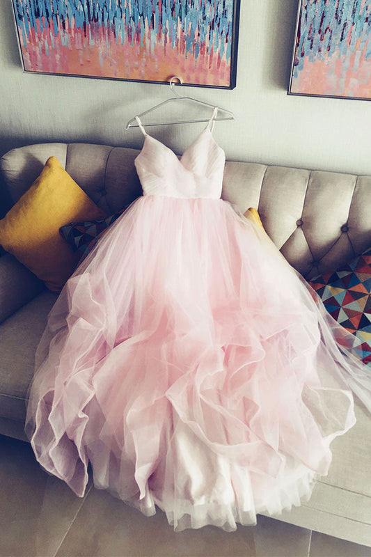 Simple V-Neck Tulle Pink Prom Dress Pink Tulle Evening Dress