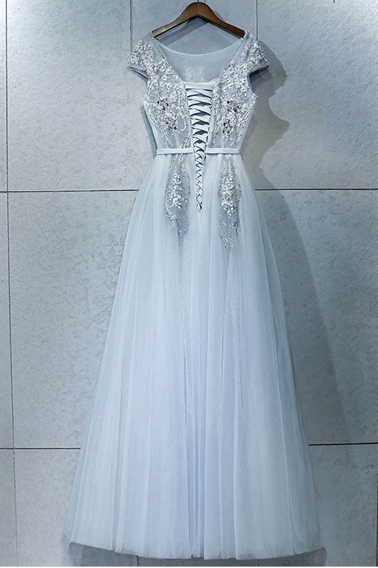 Gray Round Neck Lace Tulle Long Prom Dress Gray Evening Gown