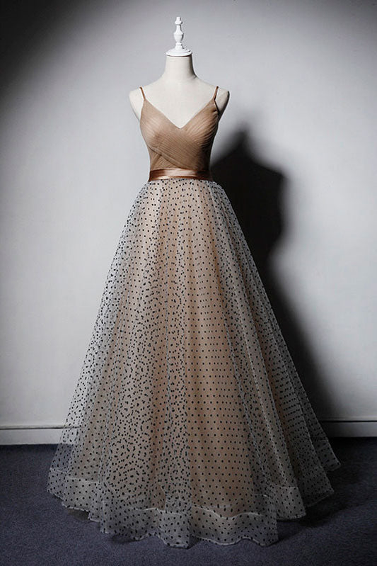 Champagne V-Neck Tulle Long Prom Dress Champagne Tulle Evening Dress