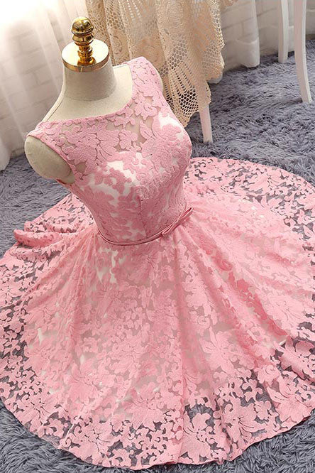 Cute Pink Round Neck Lace Short Prom Dress Bridesmaid Dress