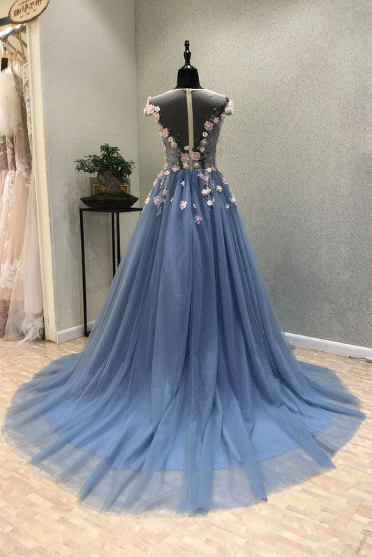 Blue Round Neck Tulle Lace Appliqu¨¦ Long Prom Dress Lace Evening Dress