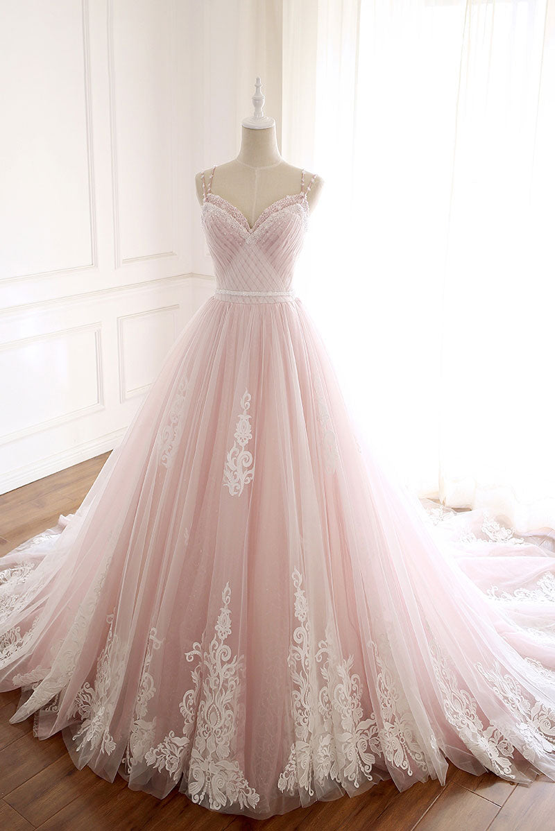 Pink Sweetheart Neck Tulle Long Prom Dress Lace Tulle Evening Gown