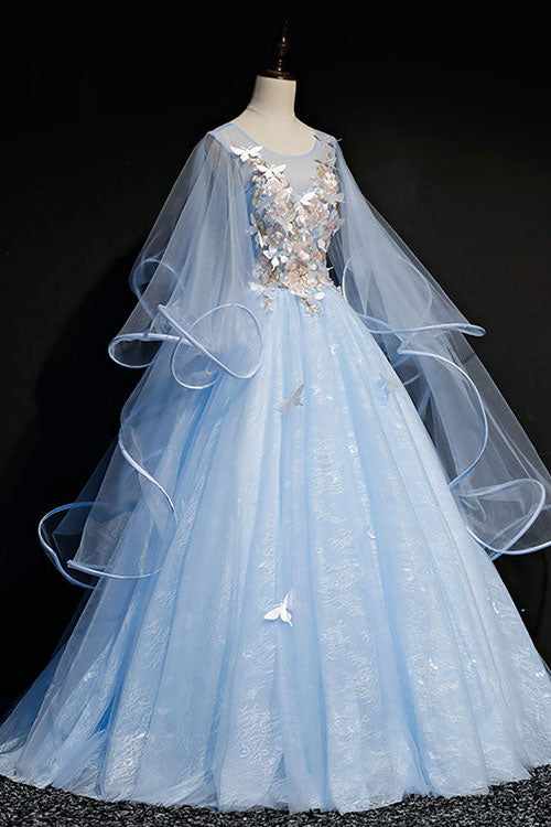 Blue Tulle Lace Long Prom Dress Blue Tulle Lace Evening Gown