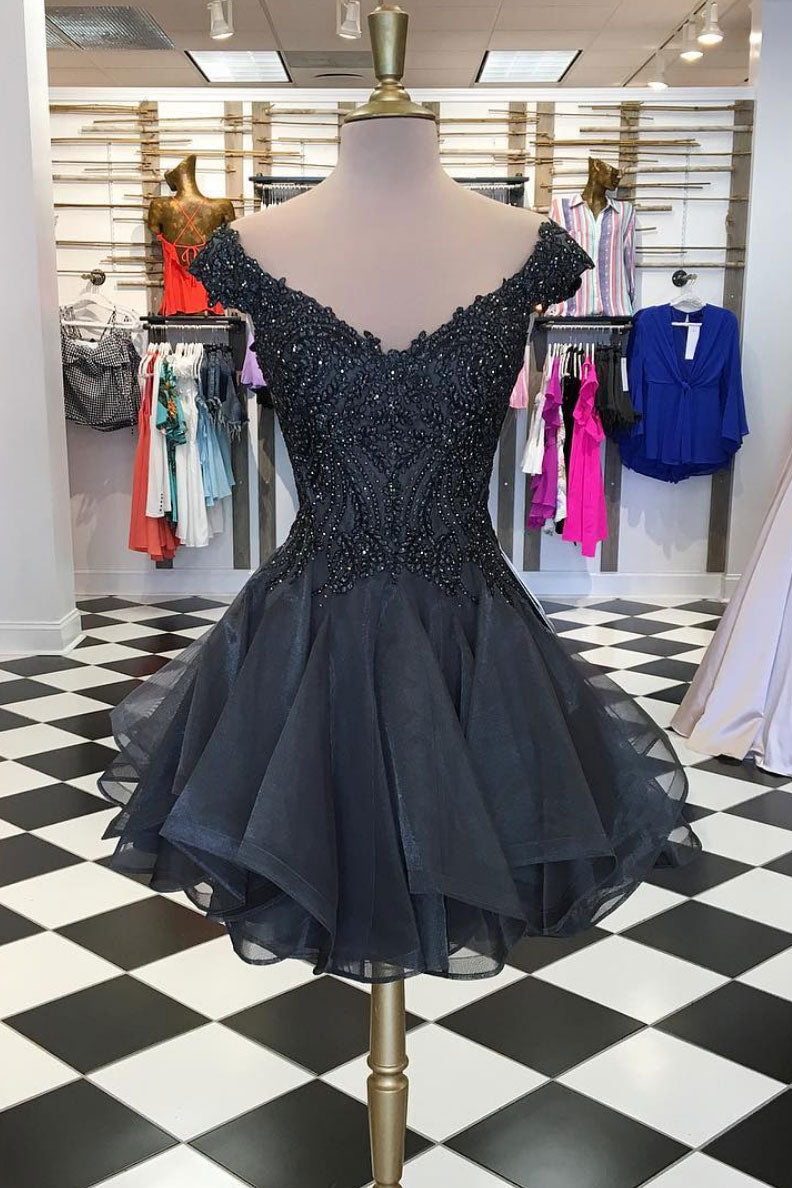 Black V-Neck Tulle Beaded Short Prom Dress Black Homecoming Dress