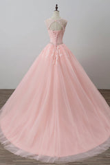 Pink Round Neck Tulle Lace Long Prom Dress Pink Tulle Evening Dress