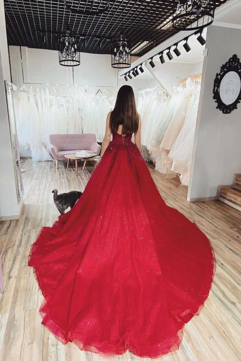 Burgundy V-Neck Tulle Lace Long Prom Dress Burgundy Tulle Formal Dress