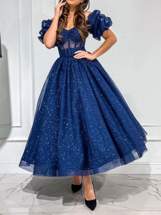 Dark Blue Tulle Tea-Length Prom Dress Blue Formal Dress