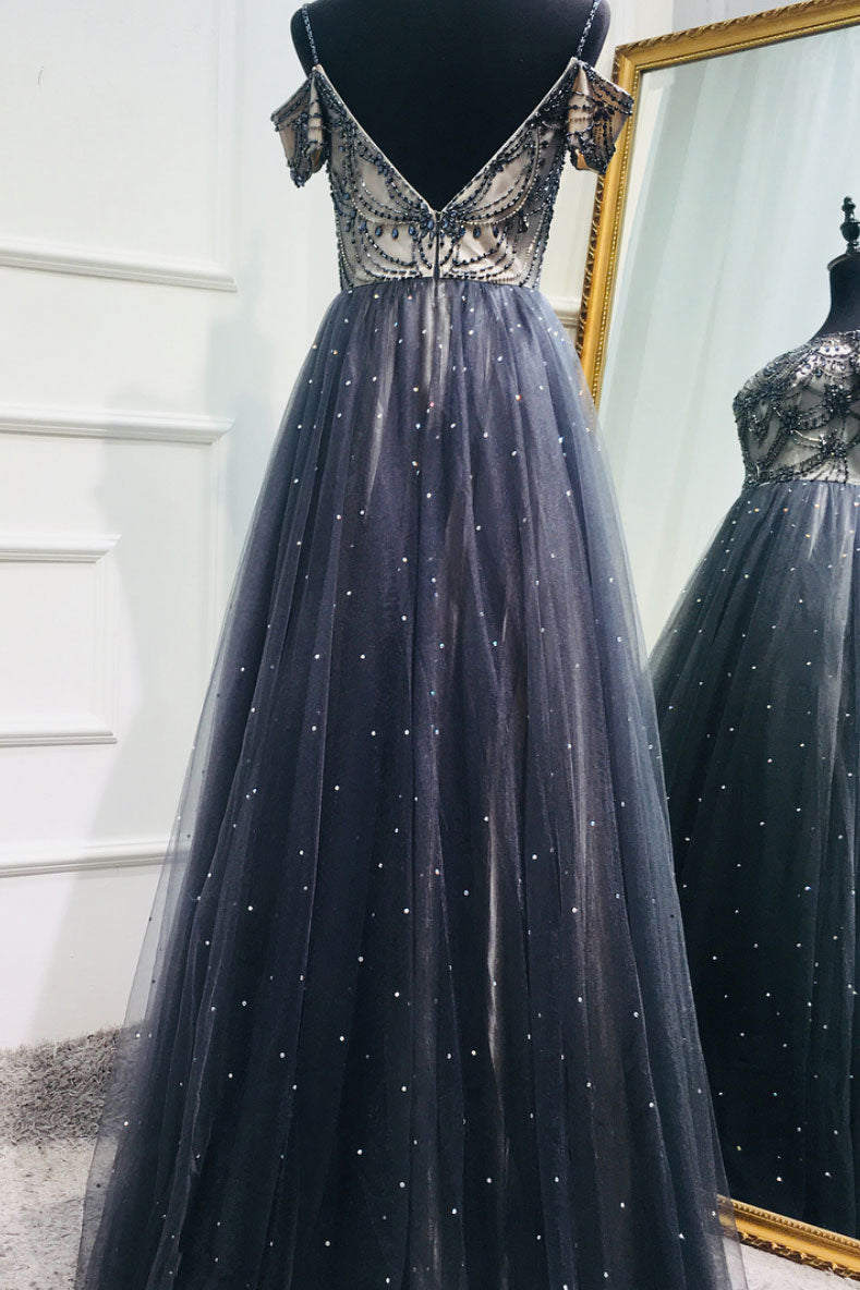 Dark Blue Tulle Sequin Beaded Long Prom Dress Tulle Evening Dress